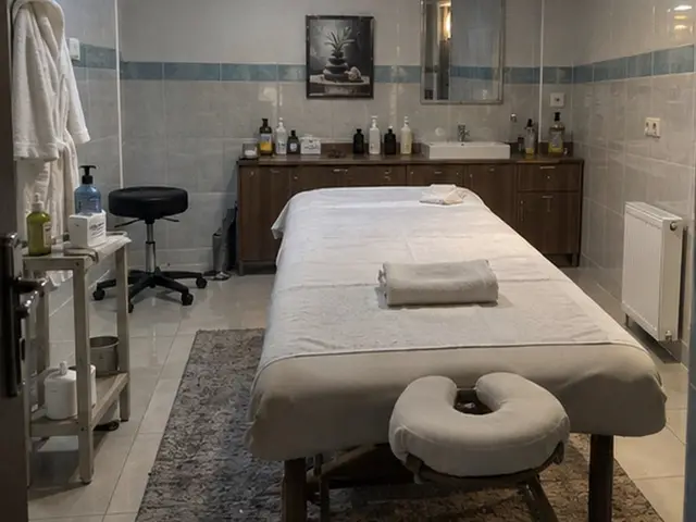 Lavabolu, raflı odada hazır masaj masası — Siyavuşpaşa, Masaj Salonun